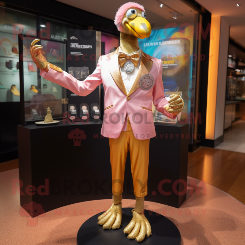 Gold Flamingo mascot costume character dressed with a Jacket and Lapel pins