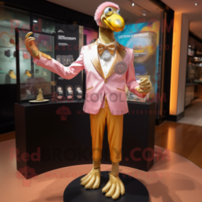 Gold Flamingo mascot costume character dressed with a Jacket and Lapel pins