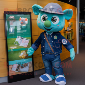Teal Irish Flag mascot costume character dressed with a Denim Shirt and Brooches