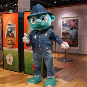 Teal Irish Flag mascot costume character dressed with a Denim Shirt and Brooches