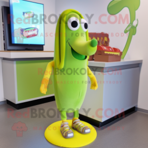 Lime Green Hot Dog mascot costume character dressed with a Graphic Tee and Shoe clips