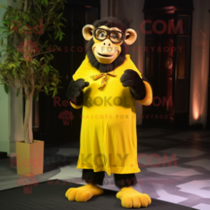 Yellow Chimpanzee mascot costume character dressed with a Evening Gown and Eyeglasses