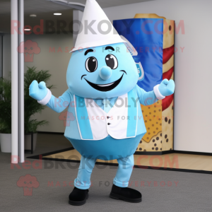 Sky Blue Pizza Slice mascot costume character dressed with a Waistcoat and Belts