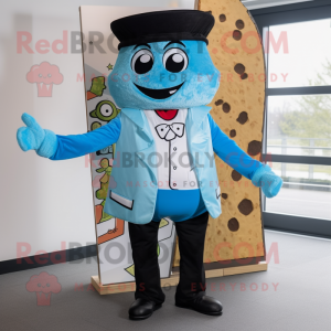 Sky Blue Pizza Slice mascot costume character dressed with a Waistcoat and Belts