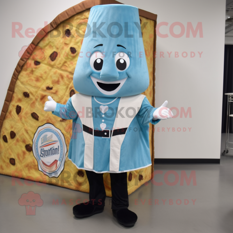 Sky Blue Pizza Slice mascot costume character dressed with a Waistcoat and Belts