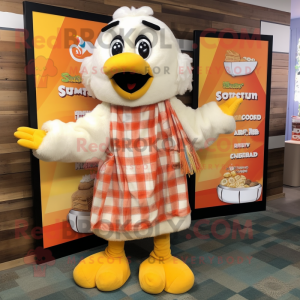 Cream Butter Chicken mascot costume character dressed with a Flannel Shirt and Anklets