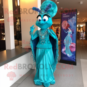 Turquoise Stilt Walker mascot costume character dressed with a Evening Gown and Earrings