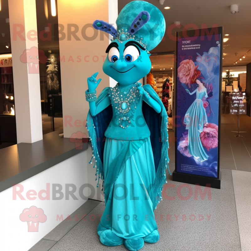 Turquoise Stilt Walker mascot costume character dressed with a Evening Gown and Earrings