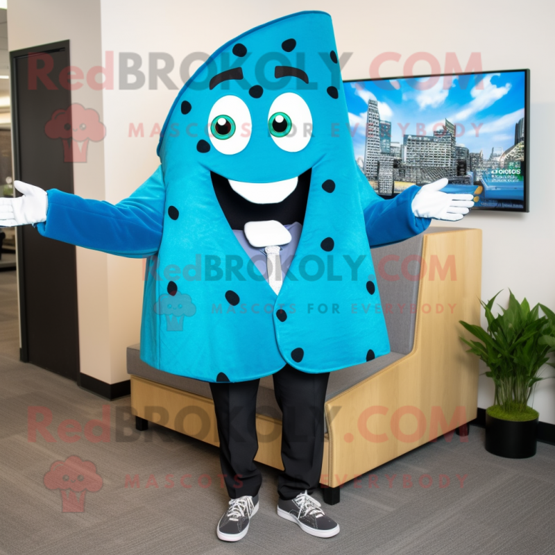 Cyan Pizza Slice mascot costume character dressed with a Suit Jacket and Shoe clips