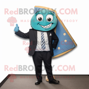 Cyan Pizza Slice mascot costume character dressed with a Suit Jacket and Shoe clips