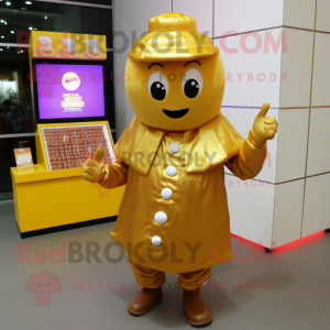 Gold Candy Box mascot costume character dressed with a Coat and Beanies