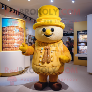 Gold Candy Box mascot costume character dressed with a Coat and Beanies