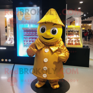 Gold Candy Box mascot costume character dressed with a Coat and Beanies