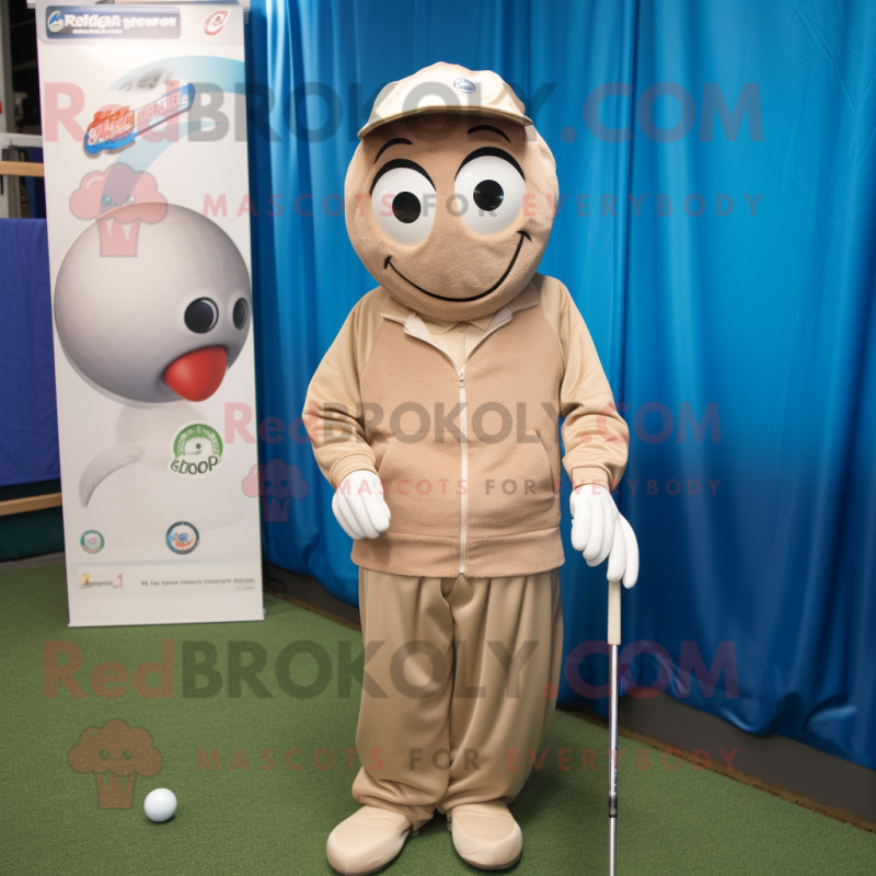 Tan Golf Ball mascot costume character dressed with a Hoodie and Suspenders