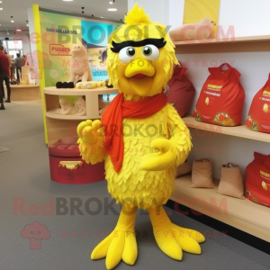 Yellow Tandoori Chicken mascot costume character dressed with a Sweater and Clutch bags