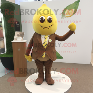 Brown Lemon mascot costume character dressed with a A-Line Dress and Tie pins