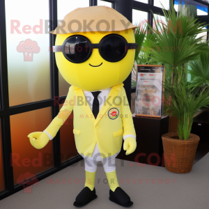 Lemon Yellow Sushi mascot costume character dressed with a Suit Pants and Sunglasses