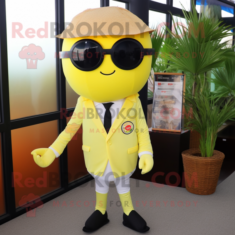 Lemon Yellow Sushi mascot costume character dressed with a Suit Pants and Sunglasses