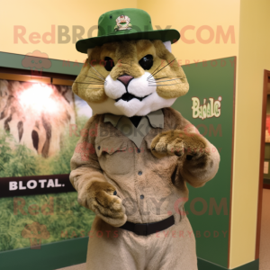 Olive Bobcat mascot costume character dressed with a Empire Waist Dress and Hat pins