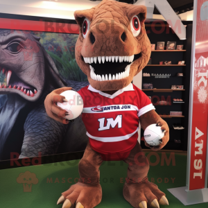 nan T Rex mascot costume character dressed with a Rugby Shirt and Clutch bags