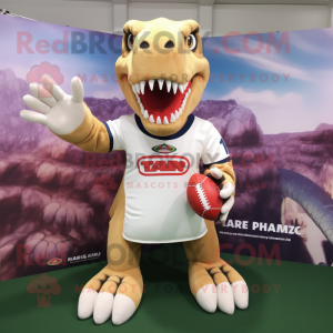 nan T Rex mascot costume character dressed with a Rugby Shirt and Clutch bags