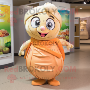 Tan Apricot mascot costume character dressed with a Wrap Skirt and Headbands