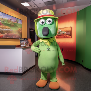 Green Hot Dog mascot costume character dressed with a Blouse and Hats
