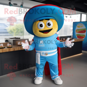 Sky Blue Fajitas mascot costume character dressed with a Joggers and Rings