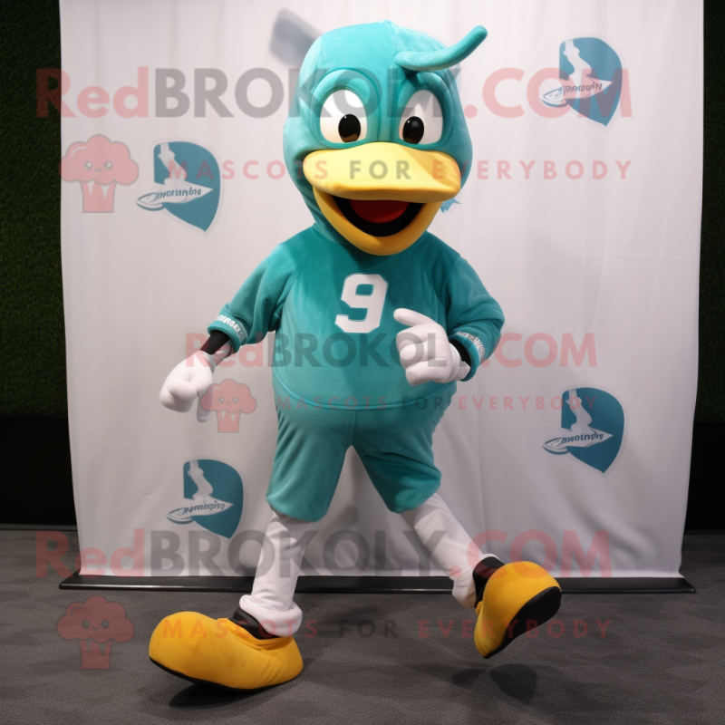 Teal Horseshoe mascot costume character dressed with a Running Shorts and Foot pads