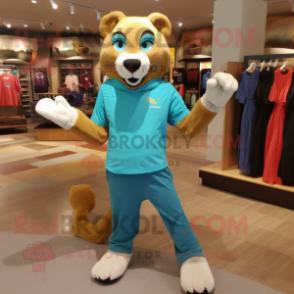 Turquoise Mountain Lion mascot costume character dressed with a Polo Tee and Foot pads
