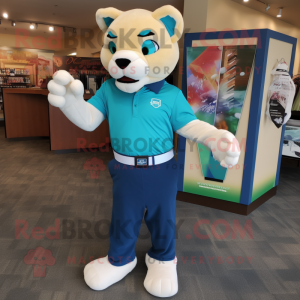 Turquoise Mountain Lion mascot costume character dressed with a Polo Tee and Foot pads