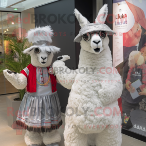 Silver Llama mascot costume character dressed with a Wrap Skirt and Berets