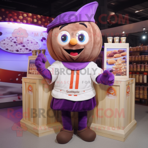 Purple Chocolates mascot costume character dressed with a Corduroy Pants and Shawls