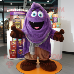 Purple Chocolates mascot costume character dressed with a Corduroy Pants and Shawls