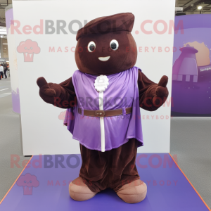 Purple Chocolates mascot costume character dressed with a Corduroy Pants and Shawls