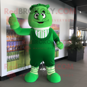 Green Green Beer mascot costume character dressed with a Joggers and Suspenders