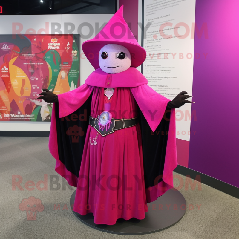 Magenta Magician mascot costume character dressed with a Sheath Dress and Shawl pins