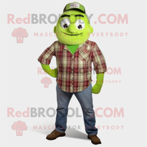 Lime Green Pho mascot costume character dressed with a Flannel Shirt and Earrings