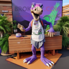 Lavender Deinonychus mascot costume character dressed with a Board Shorts and Shoe laces