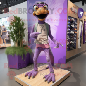 Lavender Deinonychus mascot costume character dressed with a Board Shorts and Shoe laces