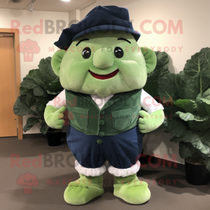 Navy Cabbage Leaf mascot costume character dressed with a Corduroy Pants and Suspenders