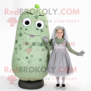 Gray Cucumber mascot costume character dressed with a Shift Dress and Clutch bags