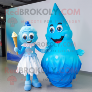 Blue Ice Cream mascot costume character dressed with a Ball Gown and Ties