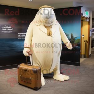 Cream Walrus mascot costume character dressed with a Empire Waist Dress and Briefcases