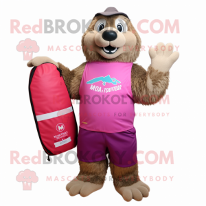 Magenta Marmot mascot costume character dressed with a Board Shorts and Clutch bags