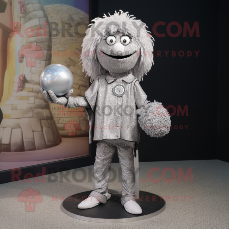 Silver Meatballs mascot costume character dressed with a Cardigan and Clutch bags
