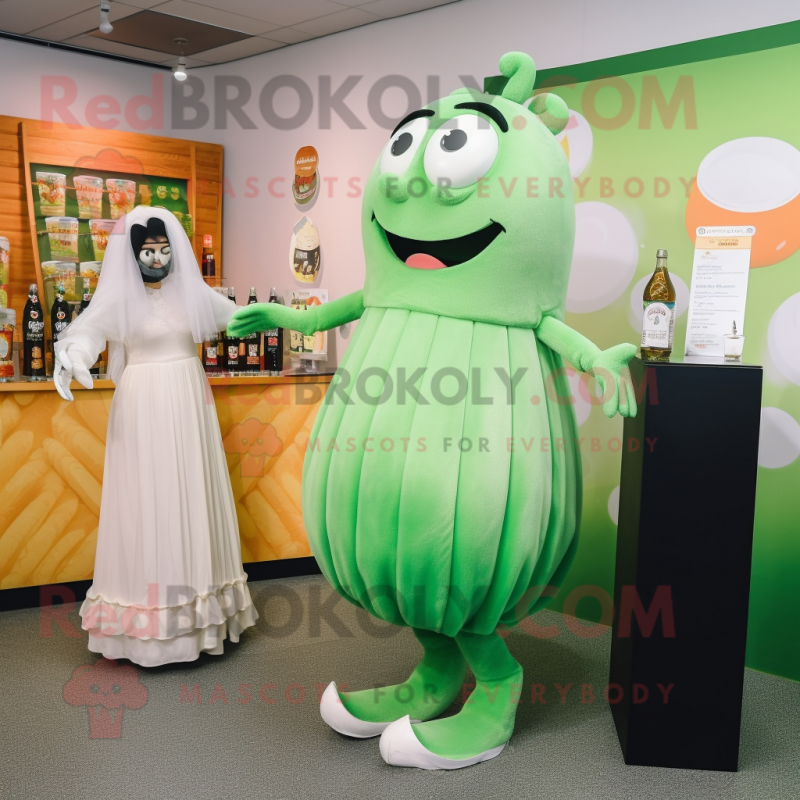Peach Green Beer mascot costume character dressed with a Wedding Dress and Shoe clips