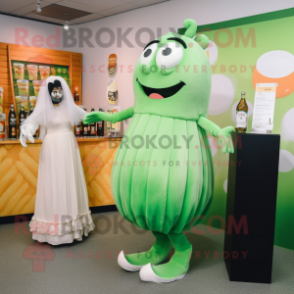 Peach Green Beer mascot costume character dressed with a Wedding Dress and Shoe clips