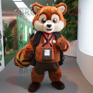 Brown Red Panda mascot costume character dressed with a Suit and Backpacks