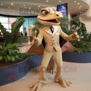 Tan Dimorphodon mascot costume character dressed with a Suit and Rings